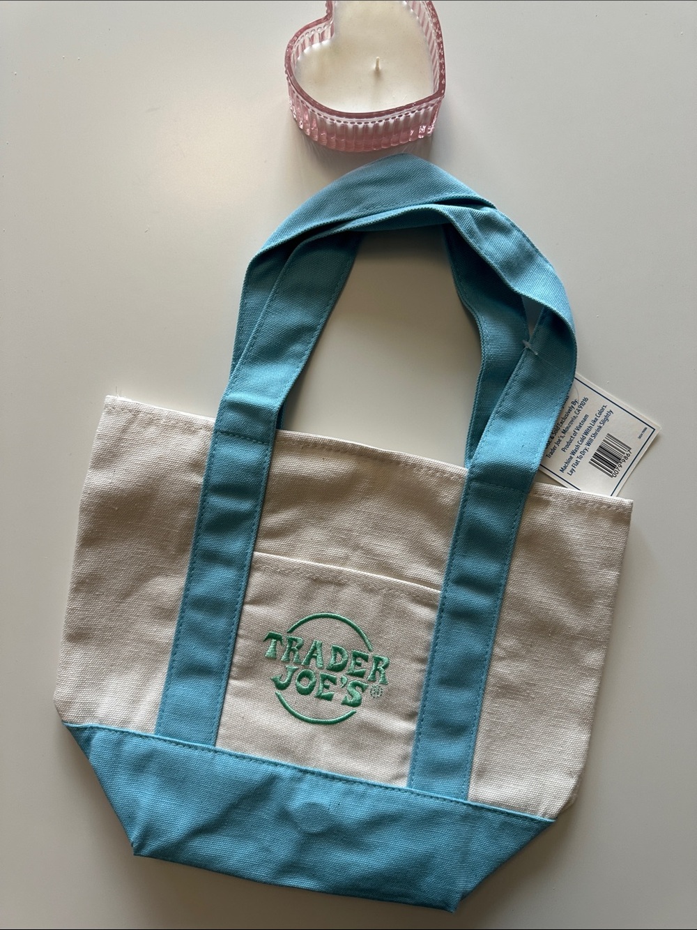 Trader Joe's Cream and Blue Canvas Tote Bag